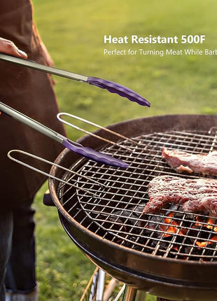 Set of 2 Kitchen Tongs 9-Inch & 12-Inch, Premium Stainless Steel BPA Free Silicone Non-Stick Grilling Barbeque Cooking Locking Food Tongs, Purple