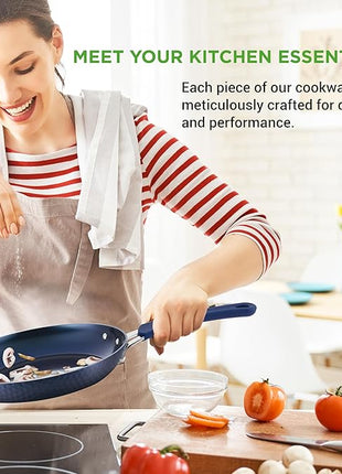 NutriChef 11 Piece Pots and Pans Set - Non Stick Cookware Set with Ceramic Coating, Cool-Touch Handles, Induction Ready, Includes Lids, and Utensils - Diamond Blue