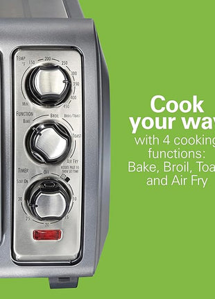 Hamilton Beach Air Fryer Toaster Oven Combo with Large Capacity, Fits 6 Slices or 12” Pizza, 4 Cooking Functions for Convection, Bake, Broil, Roll-Top Door, Easy Reach Sure-Crisp, Stainless Steel