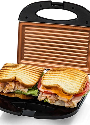 OVENTE Electric Panini Press Grill with Nonstick Plates, LED Indicator Lights, Thermostat Control, Compact Sandwich Maker Perfect for Cooking Breakfast, Steaks, Eggs Snacks & More, Copper GP0110CO