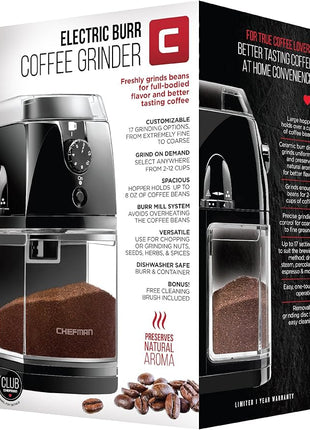 Chefman Coffee Grinder Electric Burr Mill - Freshly Grinds Up to 2.8oz Beans, Large Hopper with 17 Grinding Options for 2-12 Cups, Easy One Touch Operation, Cleaning Brush Included, Black