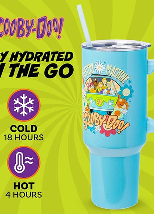 Silver Buffalo Scooby Doo Mystery Machine Featuring Shaggy, Velma, Fred and Daphne Stainless Steel Tumbler with Handle and Straw, Fits in Standard Cup Holder, 40 Ounces