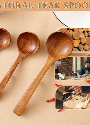 Wooden Ladle for Soup, 3Pcs Wooden Spoons for Cooking, Non-Stick Wood Spoon, Natural Teak Wood Cooking Spoons, Kitchen Utensils Spoons Set