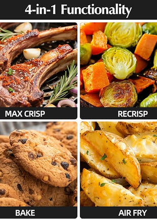 4-in-1 Portable Glass Air Fryer, 140–400°F Precise Heat, Max Crisp Technology, 4.2QT & 1.6QT Dual Containers with Lids, Freezer & Dishwasher Safe, Bake, Recrisp, Air Fry
