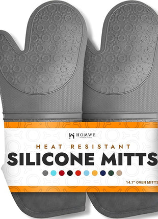 BPA-Free Soft Silicone Oven Mitts - Ultra Heat Resistant Oven Mitts with Thick Cotton Liner - Extra Long Slip Resistant Pot Holders, Flexible Oven Gloves - Gray 14.7"