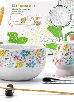 TEANAGOO Matcha Whisk Set,7 Pcs Matcha Set White,Ceremony Matcha Kit,Matcha Tea Set for Making Latte,Ceramic Bowl(chawan) whith Spout and Whisk,Gift for Matcha Lovers