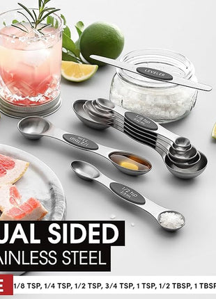 Spring Chef Stainless Steel Magnetic Measuring Spoons Set of 8 with Leveler, Dual Sided Metal Teaspoon & Tablespoon Measuring Spoons - Kitchen Gadgets For Baking and Cooking, Gray
