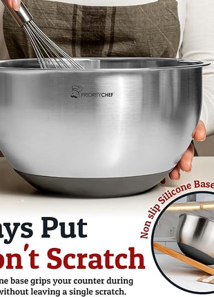 Priority Chef Stainless Steel Mixing Bowls with Lids Set, Metal Nesting Bowls with Airtight Lids, Graters, Non-Slip Base & Measurement Marks, Includes Utensil Set for Prep, Baking & Storage, Grey