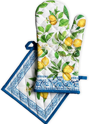 Maison d' Hermine 100% Cotton Oven Mitt & Pot Holder Set (7.5"x13" & 8"x8") Heat Resistant BBQ Cooking Gloves with Loop, Baking, Grilling, Kitchen, Handling Hot Pans Spring/Summer (Cedrat)