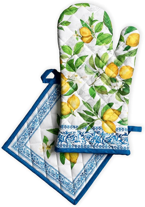 Maison d' Hermine 100% Cotton Oven Mitt & Pot Holder Set (7.5"x13" & 8"x8") Heat Resistant BBQ Cooking Gloves with Loop, Baking, Grilling, Kitchen, Handling Hot Pans Spring/Summer (Cedrat)