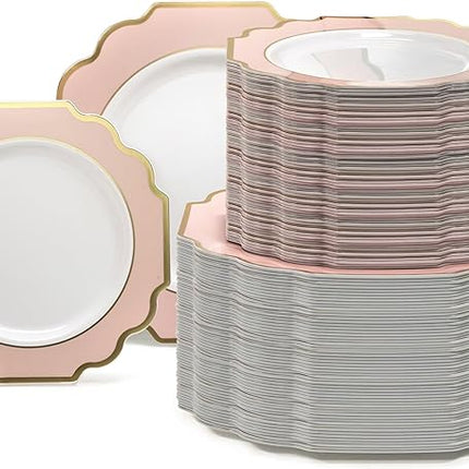 " OCCASIONS " 240 Plates Pack (120 Guests) Heavyweight Wedding Party Disposable Plastic Plates Set -120 x 10.5'' Dinner + 120 x 8'' Salad/Dessert Plate (Imperial in Blush & Gold)
