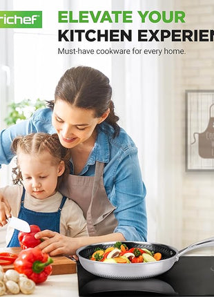 NutriChef 12" Stainless Steel Frying Pan with Lid- Triply Hybrid Large Skillet, Scratch-resistant Raised-up Honeycomb Fire Textured Pattern, Oven & DIshwasher Safe, NC3PL12