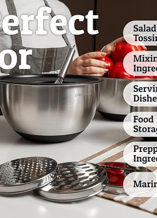 Priority Chef Stainless Steel Mixing Bowls with Lids Set, 3 Grater Attachments, Airtight Lids, Non-Slip Silicone Base Mixing Bowl Set, Large Prep Metal Mixing Bowls for Kitchen, Black