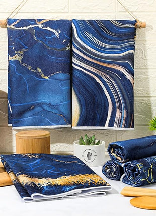 Boyiee Set of 6 Marble Kitchen Towels Blue Gold Hand Modern Absorbent Soft Decorative Dish Tea Towels 24 x 16 Inches Kitchen Gifts for Farmhouse Bathroom Decorations