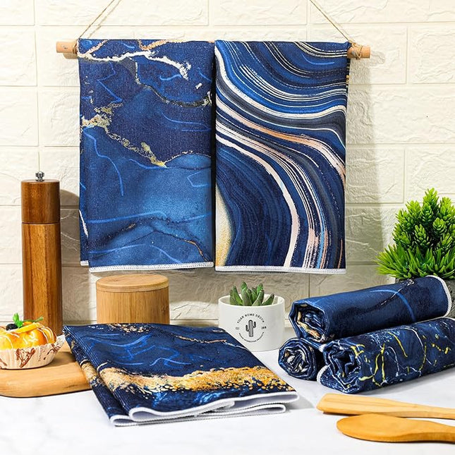 Boyiee Set of 6 Marble Kitchen Towels Blue Gold Hand Modern Absorbent Soft Decorative Dish Tea Towels 24 x 16 Inches Kitchen Gifts for Farmhouse Bathroom Decorations