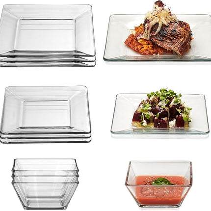 Libbey Tempered Glass Dinnerware Set, Sleek Square Clear Glass Plates and Bowls Set of 12, Dishwasher Safe Dinnerware for Parties or Everyday Use