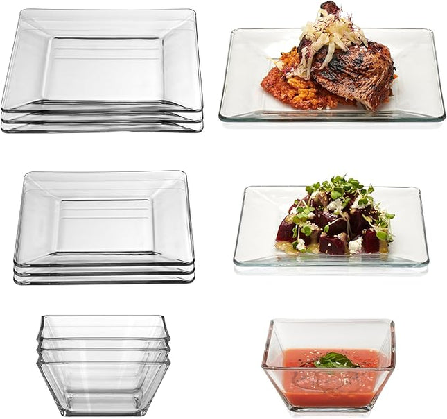 Libbey Tempered Glass Dinnerware Set, Sleek Square Clear Glass Plates and Bowls Set of 12, Dishwasher Safe Dinnerware for Parties or Everyday Use