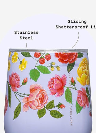 Corkcicle Stemless Insulated Wine Glass Tumbler - Keeps Beverages Cold 6 Hrs Hot 3 Hrs - Stainless Steel - Easy-Grip - Gift for Mom - Great for Mother's Day or Christmas - 12 oz - Roses Purple