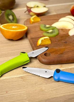 Kuhn Rikon Kinderkitchen® Kids Chef Knife Set With Scissors, 3 Pieces, Green/Blue/White| Cutting Tools Made for Real Cooking | Child Friendly Animal Designs With Hand Guard & Snipper Cover For Safety