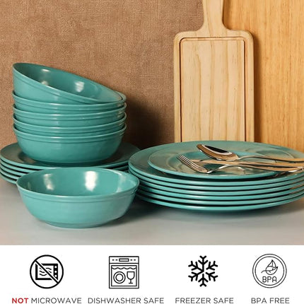 TP 18-Piece Dinnerware Set, Melamine Dishes Set with Bowls and Plates, Service for 6, Non-breakable Lightweight Dining Tableware, Teal