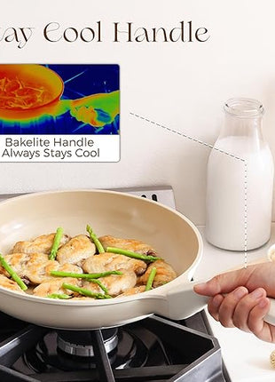 PRICUSIS Nonstick Ceramic Frying Pan, 8/10 Inch Skillet with Stay Cool Handle, Fully Coated, Induction Compatible & Oven Safe, 100% Dishwasher Safe, PTFE PFAS & PFOA Free（10 Inch, Coconut White）