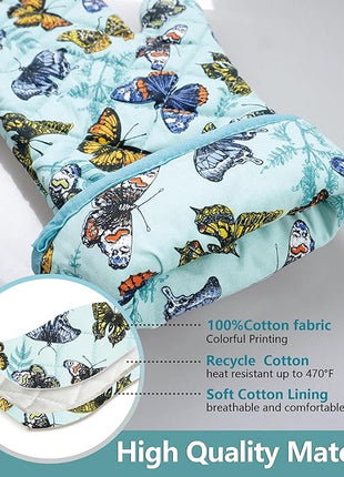 Oven Mitts Cotton Fashion Cute Butterfly Design 1pair Heat Resistant Oven Gloves Safe Cooking Baking Grilling Barbecue Machine Washable Pot Holders (Butterfly)