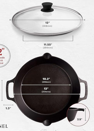 Cast Iron Skillet with Glass Lid - 12"-Inch Dual Handle Frying Pan + Pan Scraper + Silicone Handle Holder Covers - Preseasoned Oven Safe Cookware - Indoor/Outdoor Use - Grill, Stovetop, Induction Safe