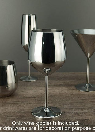 PG Set of 4 Stainless Steel Wine Glass - 18.5oz Silver Mirror Finished Wine Glasses - Unbreakable Wine Glasses - Stem Metal Wine Goblets