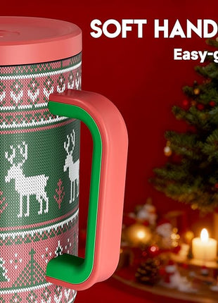 Meoky 40 oz Christmas Tumbler with Handle and Straw, Xmas Tumbler with Lid and Straw, Insulated Stainless Steel Travel Mug, Christmas Gifts for Women Men Adults (Jolly Reindeer)