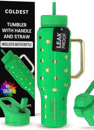 Coldest Tumbler with Handle and Straw - 100% Leak Proof Insulated Tumbler with Lid and Straw (3 Lids) - Stainless Steel Tumblers for Women & Men - Cup Holder Friendly Base, 46 oz (Lucky)