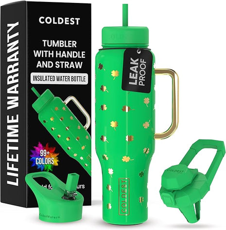 Coldest Tumbler with Handle and Straw - 100% Leak Proof Insulated Tumbler with Lid and Straw (3 Lids) - Stainless Steel Tumblers for Women & Men - Cup Holder Friendly Base, 46 oz (Lucky)