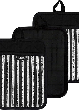 Silicone Pot Holders Set of 3 Heat Resistant & Non Slip Potholders, Professional Oven Hot Pads with Pockets Mitts for Kitchen Cooking Baking Barbecue (3, Black)