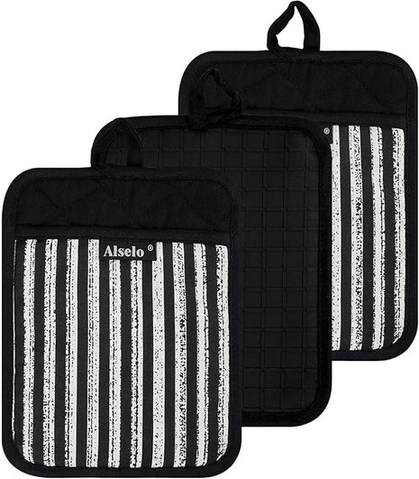 Silicone Pot Holders Set of 3 Heat Resistant & Non Slip Potholders, Professional Oven Hot Pads with Pockets Mitts for Kitchen Cooking Baking Barbecue (3, Black)