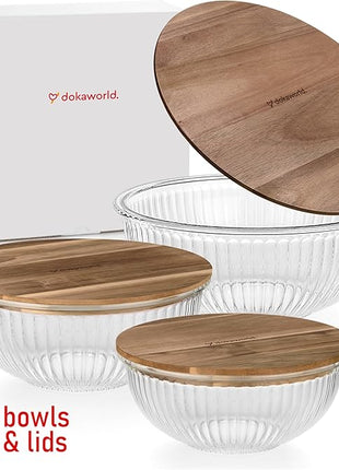 Set of 3 Stackable Space-Saving Nesting Glass Salad Bowls with Acacia Lids for Foodprep, Storage, Baking, Mixing & Cooking - Microwave Safe Durable Inert Borosilicate Glass