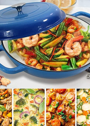 Cast Iron Dutch Oven 3.8 Quart Pot With Lid - Blue Heavy Duty Dual Handles Porcelain Enameled Skillet - Family or Friends Gifts