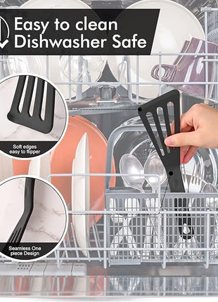 HOTEC 600℉ Heat Resistant Silicone Slotted Fish Turner Spatula Set, BPA Free Flipper Cooking Spatulas, for Non Stick Cookware Dishwasher Safe, Black