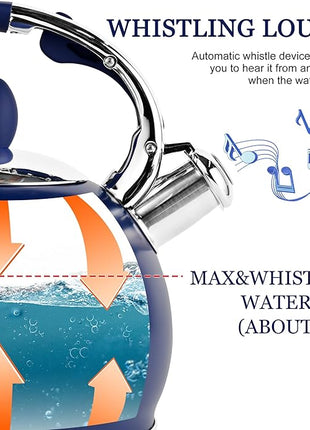 SUSTEAS Stove Top Whistling Tea Kettle - Food Grade Stainless Steel Teakettle Teapot with Cool Touch Ergonomic Handle, With 1 Silicone Pinch Mitt Included, 2.64 Quart,NAVY BLUE