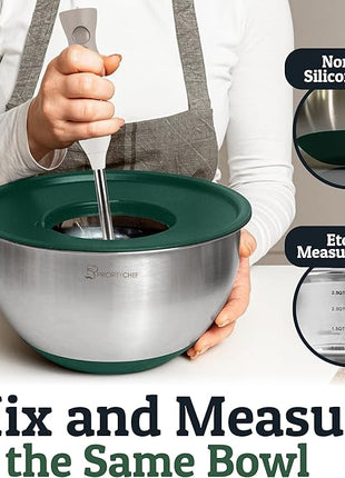 Priority Chef Stainless Steel Mixing Bowls with Lids Set, 3 Grater Attachments, Airtight Lids, Non-Slip Silicone Base Mixing Bowl Set, Large Prep Metal Mixing Bowls for Kitchen, Green