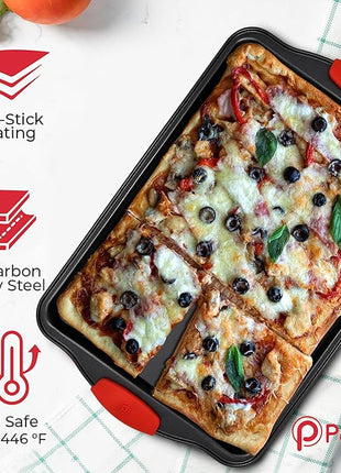 PERLLI Non-Stick 3-Piece Baking Pan Set, BPA-Free Carbon Steel Bakeware Set with Silicone Handles, Stackable Kitchen Oven Set, Cookie Sheet, Baking Tray, Baking Sheet Set, Oven Safe (446°F)