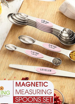 Spring Chef Stainless Steel Magnetic Measuring Spoons Set of 8 with Leveler, Dual Sided Teaspoon & Tablespoon Measuring Spoons with Strong Magnets, Kitchen Gadgets for Baking & Cooking - Pink Lemonade