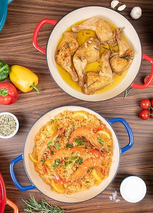 Shallow Cast Iron Casserole with Lid – Non Stick Dutch Oven Pot, Oven Safe up to 500° F – Sturdy Ovenproof Stockpot Cookware – Enamelled Cooking Pot – Dark Blue, 5-Quart, 32cm – by Nuovva