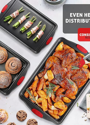 Baking Sheet Set, 2-Piece Large Cookie Sheet Set with Silicone Handles, Steel Baking Pan, Baking Sheets for Oven, BPA Free Cookie Sheets for Baking Nonstick Set, Premium Sheet Pan, Black Baking Tray