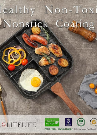 ESLITE LIFE 11 Inch Nonstick Divided Grill Pan for Indoor Cooking, Versatile 3-In-1 Induction Large Breakfast Pan for Stove Tops, PTFE & PFOA Free, Black