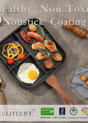 ESLITE LIFE 11 Inch Nonstick Divided Grill Pan with Lid for Indoor Cooking, Versatile 3-In-1 Induction Large Breakfast Pan for Stove Tops, PTFE & PFOA Free, Black