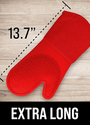 BPA-Free Silicone Oven Mitts Ultra Heat Resistant up to 500°F - Oven Mitts with Thick Cotton Liner - Long Slip Resistant Pot Holders, Flexible Oven Gloves - Canyon Red 13.7