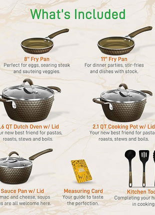 NutriChef 11-Piece Nonstick Kitchen Cookware Set - PTFE/PFOA/PFOS-Free Heat Resistant Kitchen Ware Pots Pan Set Coffee Ceramic Coating - Saucepot, Pans, Cooking Pot Oven Pot, Lid, Utensil NCCW11COF