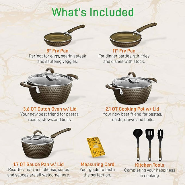 NutriChef 11-Piece Nonstick Kitchen Cookware Set - PTFE/PFOA/PFOS-Free Heat Resistant Kitchen Ware Pots Pan Set Coffee Ceramic Coating - Saucepot, Pans, Cooking Pot Oven Pot, Lid, Utensil NCCW11COF