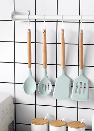 Country Kitchen Non Stick Silicone Utensil Set with Rounded Wood Handles for Cooking and Baking, 14 Piece Set, Mint