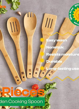 Riveira Bamboo Cooking Spoons 6-Piece – Wooden Cooking Utensils Set with Wooden Spoons for Cooking & Spatulas Wooden Utensil Sets – Premium Kitchen Utensils Set – Durable First Apartment Essentials
