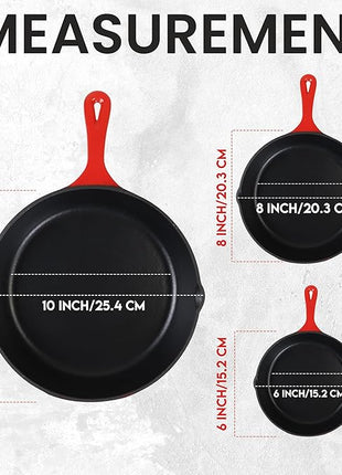 Utopia Kitchen Cast iron Skillets 3 Piece Set,Chefs Pan, Pre Seasoned Cast iron Skillets, 6, 8 & 10 Inches, Easy Use in the Oven, Stove, Grill, or Campfire, Red